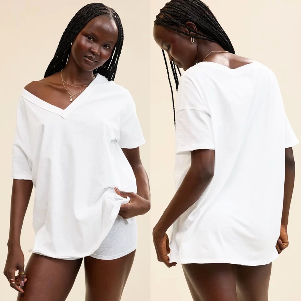 Aerie Oversized V-Neck Boyfriend T-Shirt White Cotton Slub Distressed XS/TP